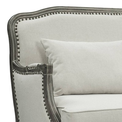56" Cream Linen and Brown Wood Nailhead Loveseat