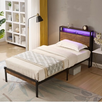 Twin Size Platform Bed, Modern Twin Bed Frame With Wood Headboard, LED Lights And USB Ports, Metal Slats Support Bed Frame, No Box Spring Needed