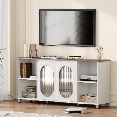 Modern TV Stand for 70 Inch, Black Entertainment Center with Storage and Shelves, Wooden TV Stand Cabinet with Glass Doors, Media Cabinet