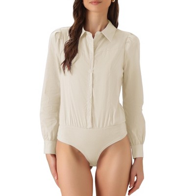 INSPIRE CHIC Women's Collared Business Casual Button Down Long Sleeves Bodysuit Leotard Shirt
