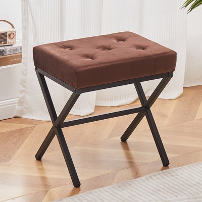ChicFurnit Ottomans and Benches Ottoman Foot Stool Tufted Vanity Stool with Metal X Leg for Living Room, Brown, 16.93"*12.99"*6.5"