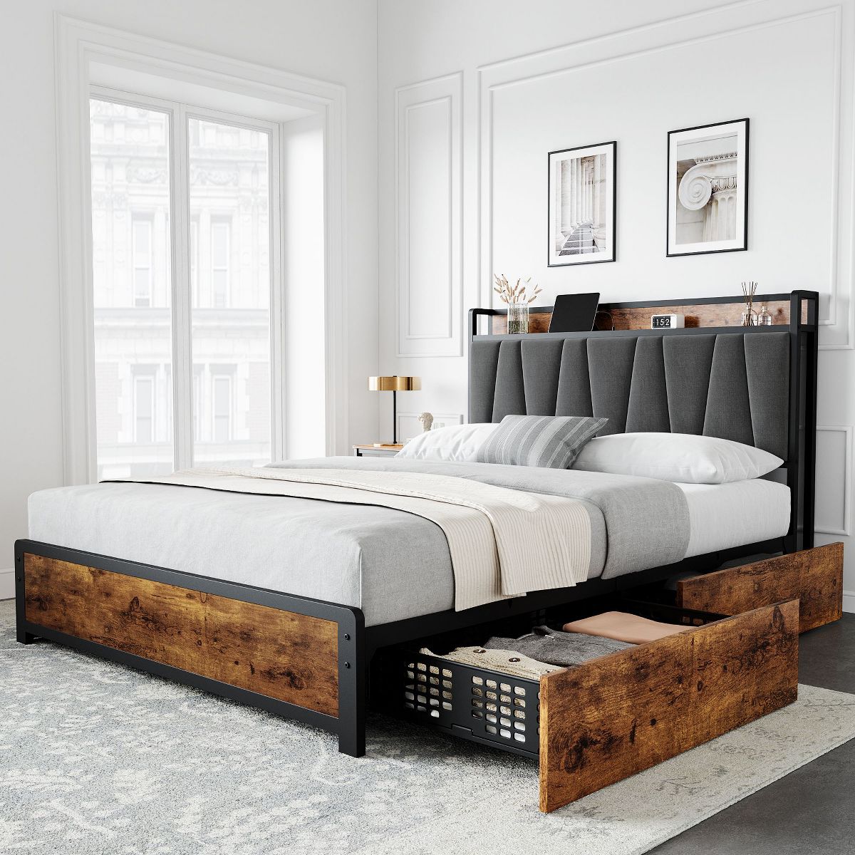 Jojoka Bed Frame with Storage Linen Upholstered Headboard,4 Drawers Platform Bed Frame with Charging Station,Queen