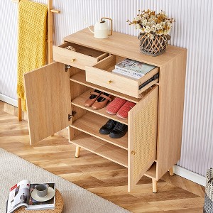 Storage rattan shoe cabinet with 2 drawers and bottom shelf, suitable for entryways, bedrooms, and living rooms. - 1 of 2
