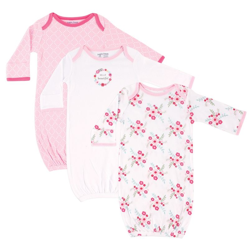 Luvable Friends Baby Girl Cotton Gowns, Pink Floral, 0-6 Months, 1 of 6