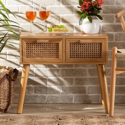 Mid-Century Oak Brown Wood Console Table with Rattan Drawers