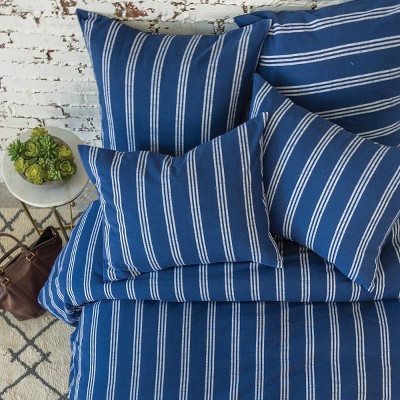 Indigo and White Striped Cotton Queen Duvet Cover