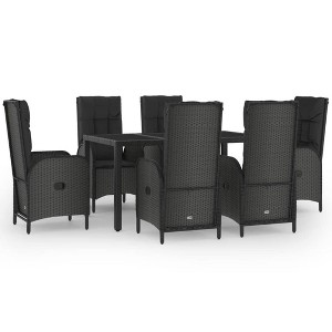 vidaXL 7-Piece Patio Dining Set - Black/Gray Reclining Poly Rattan Chairs, Tempered Glass Tabletop, Includes Cushions - 1 of 4
