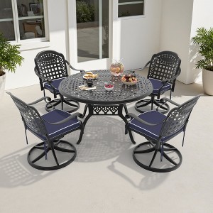 5-Piece Round Cast Aluminum Patio Set with Swivel Chairs,Blue Cushions,and Umbrella Hole - 1 of 4