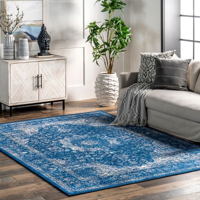 Dark Blue Medallion Synthetic Square Area Rug 8' x 8'