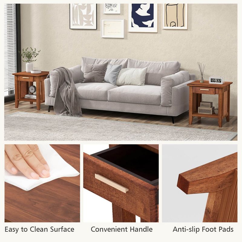 Tangkula Boho Style Nightstand 3-Tier Sofa Side End Table w/ Drawer & Shelf Walnut, 5 of 9