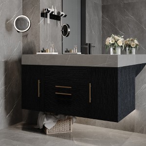 KWPZQEB 39.4" Single Floating Bathroom Vanity with Ceramic Sink, Wall Mounted Bathroom Vanity with 2 Drawers & Faux Marble Top for Bathroom, Black - 1 of 4
