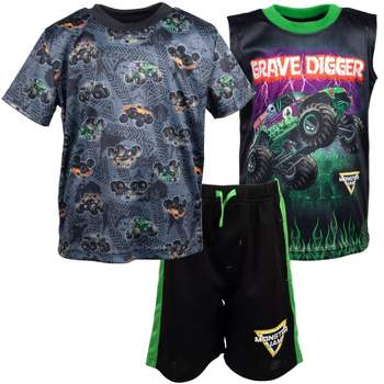 Monster Jam Grave Digger Monster Mutt Earth Shaker T-Shirt Tank Top and Mesh Shorts 3 Piece Outfit Set Toddler to Big Kid