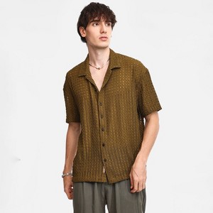 Campus Sutra Men Men's Army Green Striped Knit Oversized Shirt - 1 of 4