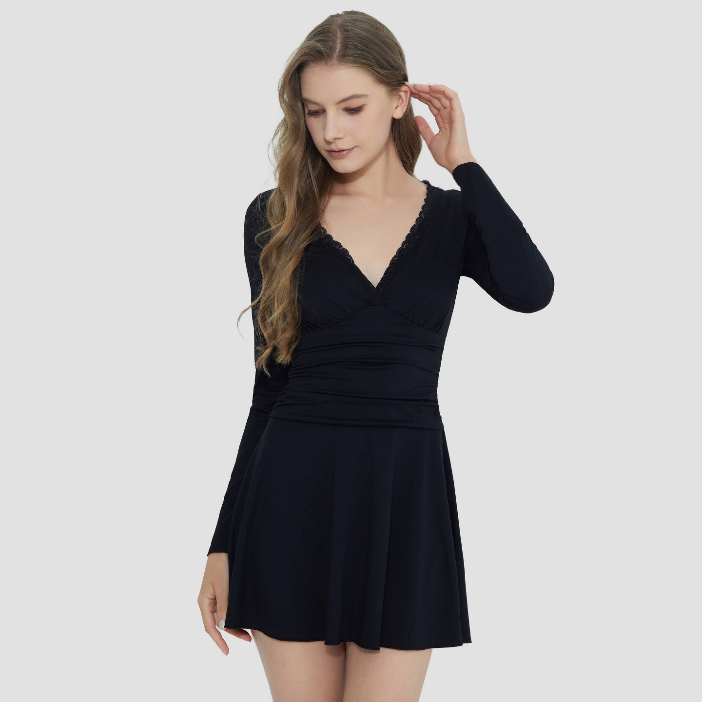 Женское платье Wild Fable Bell Long Sleeve Lace Trim Mini, цвет: Чёрный — фото 3