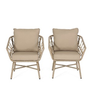 GDFStudio Colmar Outdoor Wicker and Iron Club Chairs with Cushions (Set of 2), Light Brown/Beige - 1 of 4