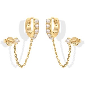14K Gold Chain Earrings for Women | Double Piercing Dangle Chain Huggie Hoop Earrings | Cubic Zirconia Pearl Stud Ear Cuff Earrings for Women - 1 of 4