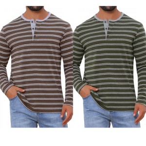 INSPIRE CHIC Men's Long Sleeves Contrasting Colors Striped Henley T-Shirts 2 Packs - 1 of 4