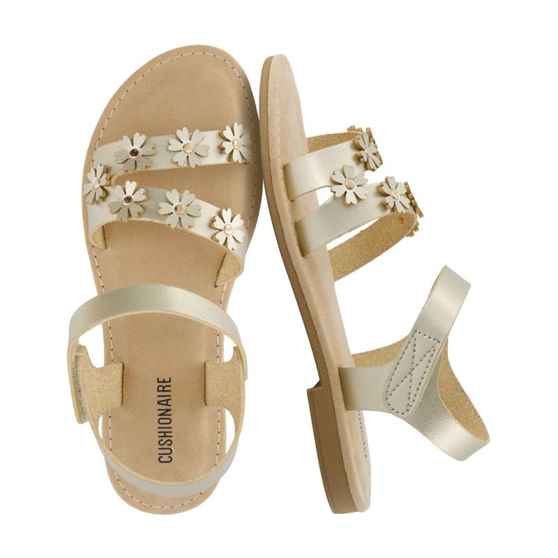 CUSHIONAIRE Cleo Girls Sandals, Flower Strap Dress Style Girls Dress Shoes with Cushioned Footbed and Adjustable Ankle Strap, GOLD 1