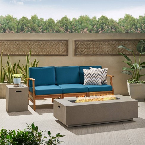 Perla 5pc Acacia Wood Sofa with Rectangular Fire Table – Teak/Blue/Light Gray – Christopher Knight Home For Sale