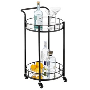 mDesign Metal Round Rolling Food and Beverage Bar Cart with Glass Shelves, Black - 1 of 4