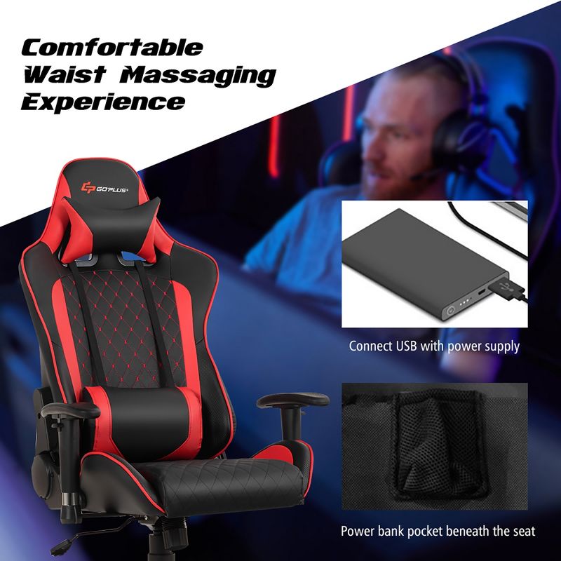 Costway Massage Gaming Chair Reclining Racing Chair w/Lumbar Support and Headrest White/Blue/Pink/Red, 5 of 11