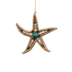 NAYSAYE Wooden and Shell Beaded Starfish Ornament Brown and Blue for Holiday Coastal Home Festival Decor, Brown, 5"*0.3"*5" - 1 of 4