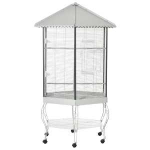 Resenkos Bird Cage, Bird Cages Habitat,77" Flight Bird Cage Hexagon Covered Canopy Portable Aviary With Storage White - 1 of 4
