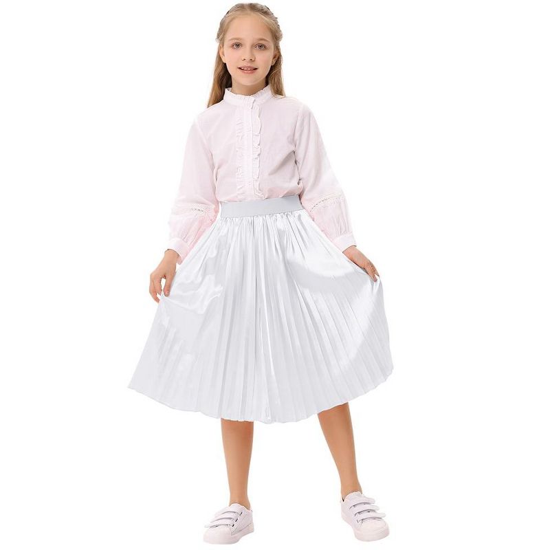 Kids Solid Pleated Skirt Below the Knee Girls Satin Skirts, 5 of 7