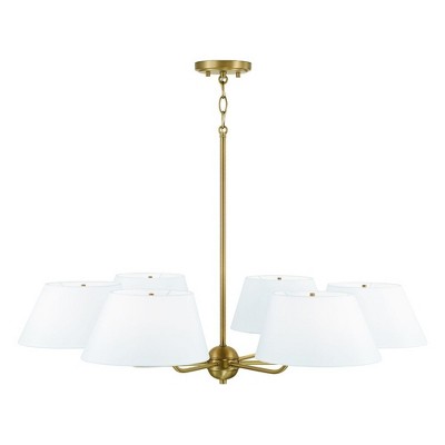 Aged Brass 6-Light Chandelier with White Fabric Drum Shades