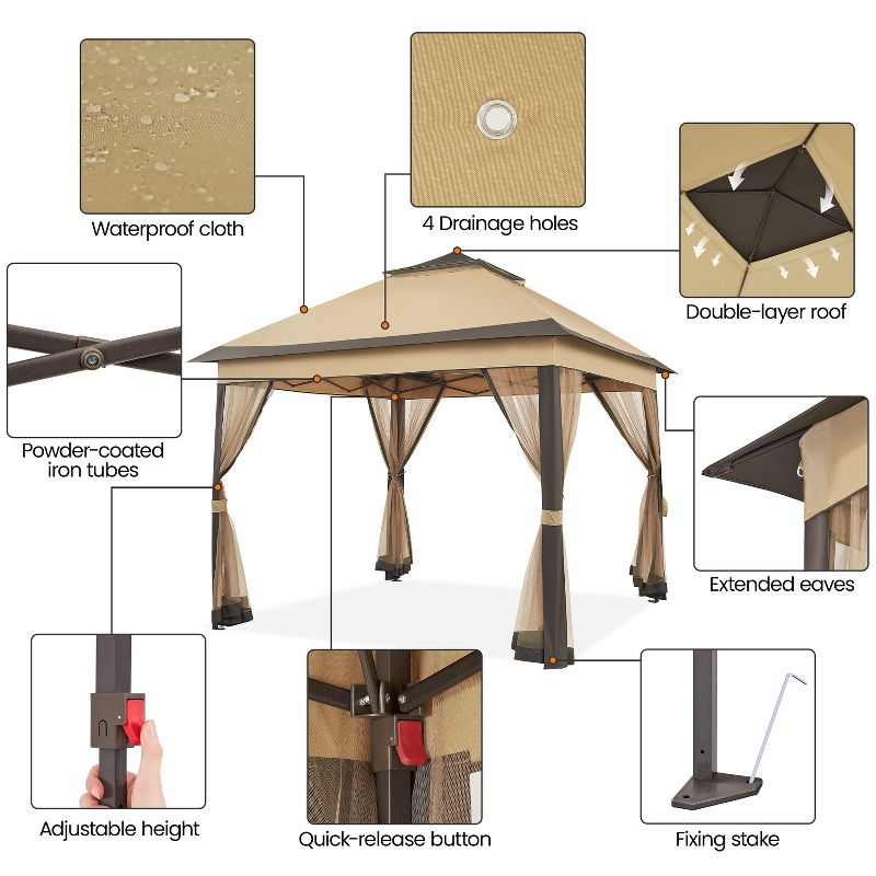 Yaheetech 11×11 FT Adjustable Pop-Up Gazebo Tent with Carry Bag & Sandbags & Guy Lines & Ground Stakes, 4 of 8