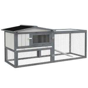 Large Rabbit Cage Outdoor 61"L Guinea Pig Hutch w/ Run Feeding Trough Removable Tray Ramp Asphalt Roof - 1 of 4