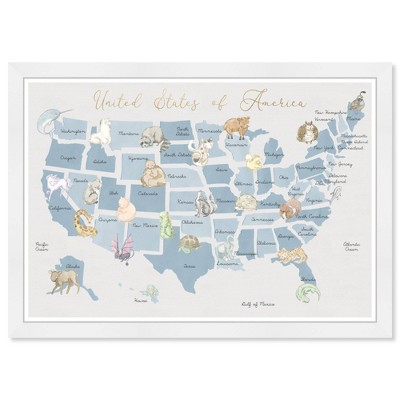 21" x 15" Pastel Blue Wildlife Map Animals Framed Art Print - Wynwood Studio
