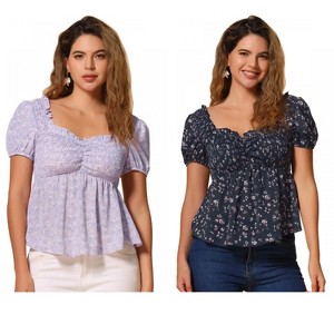 INSPIRE CHIC Women's Short Sleeve Floral Sweetheart Neck Shirred Ruffle Peasant Top 2 Packs - 1 of 4