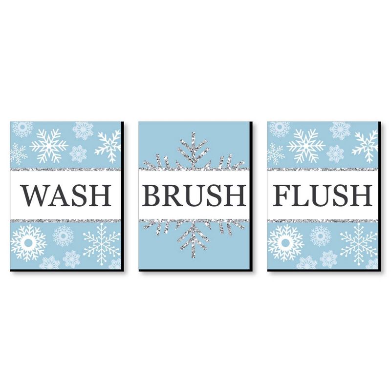 Big Dot of Happiness Winter Wonderland - Snowflake Kids Bathroom Rules Wall Art - 7.5 x 10 inches - Set of 3 Signs - Wash, Brush, Flush, 1 of 8