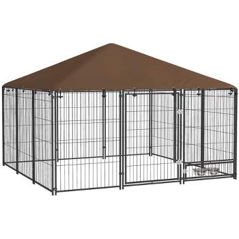 PawHut Outdoor Dog Kennel, Puppy Play Pen with Canopy Garden Playpen Fence Crate Enclosure Cage Rotating Bowl, Black