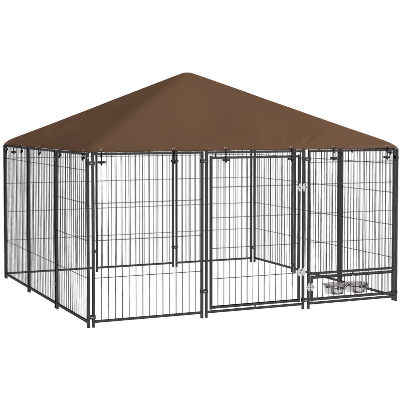 PawHut Outdoor Dog Kennel, Puppy Play Pen with Canopy Garden Playpen Fence Crate Enclosure Cage Rotating Bowl, Black, 1 of 7