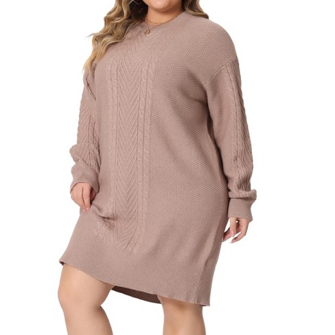 Grace Grandeur Women s Plus Size Long Sleeve Knit Pullover Mini Sweater Dresses Khaki 1x Target