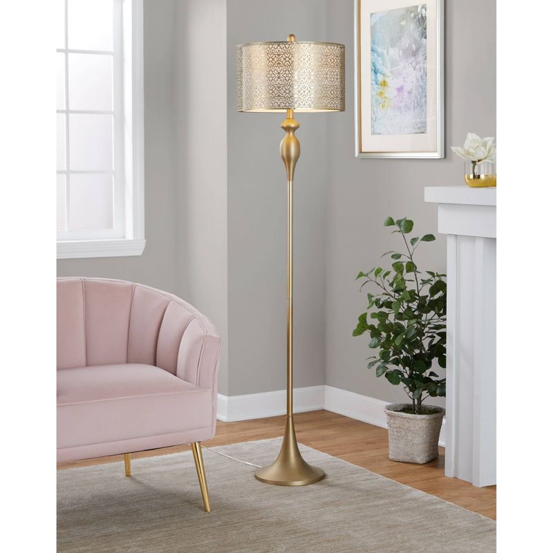 LumiSource Ashland 63&#34; Contemporary Metal Floor Lamp in Gold Metal with Laser Cut Metal and Off-White Linen Shade from Grandview Gallery, 5 of 6
