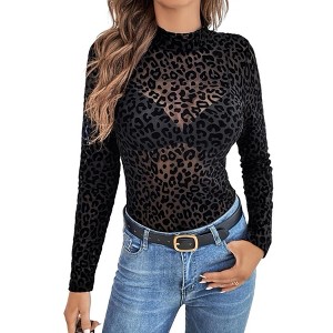 Clearlove Womens Sheer Mesh Tops Shirts Long Sleeve Mock Neck See-Through Slim Blouse - 1 of 4