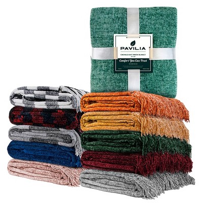 Orange Chenille Knitted Throw Blanket with Tassel Fringe
