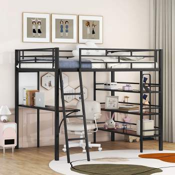 Full Size Loft Metal Bed with 3 Shelves and Desk, Stylish Metal Frame Bed with Whiteboard - ModernLuxe