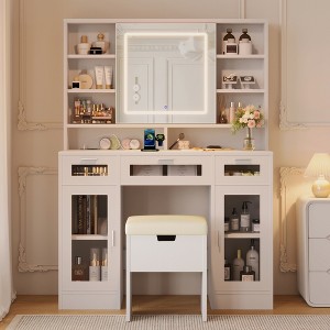 Makeup Vanity Table with Mirror & LED Lights, Dressing Table with RGB Light Cabinets & Charging Station, Vanity Desk with Stool, White - ModernLuxe - 1 of 4