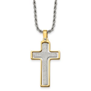 Chisel Stainless Steel Laser Cut Center Yellow IP-plated Moveable Cross Pendant on 22" Rope Chain Necklace - 1 of 4