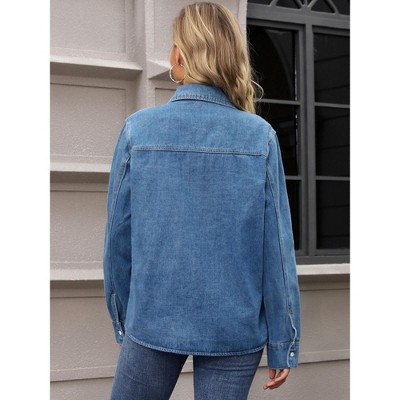 INSPIRE CHIC Women's Jean Long Sleeve Button Down Lightweight Denim Western Shacket with Pockets Blue XX-Large — фото 4