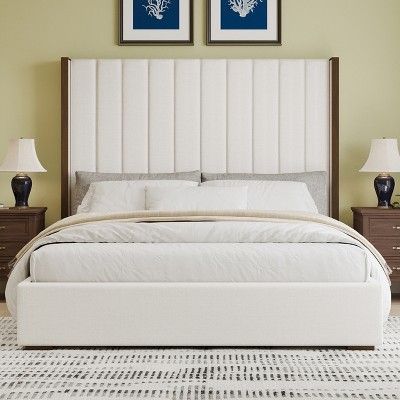 TiramisuBest Queen Size 51" High Headboard Wingback Linen Upholstered Bed No Box Spring Needed, Gray