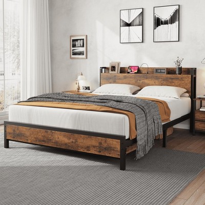 Bed Frame Charging Station with 2 USB Ports & 2 AC Outlets, Heavy Duty Metal Bed Frame with Wooden Headboard and Footboard, Rustic Brown