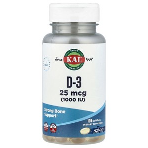 KAL Vitamin D3 1000 IU Softgels (25 mcg), Active Form of Vitamin D, Calcium Absorption, Bone Health, Immune Support Supplement, Liquid Filled - 1 of 4