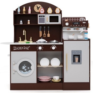 Infans Kids Kitchen Set Wooden Kitchen Playset with Clock, Microwave, Sink, Dish Rack - 1 of 4