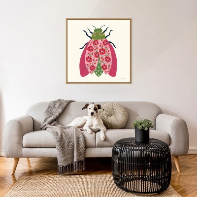 Floral Beetle Lithograph on Canvas with Maple Frame