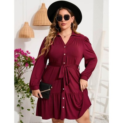 Women's Plus Size Long Sleeve Dress V Neck Button Front Belted Shirt Dress A Line Ruffle Midi Dress
